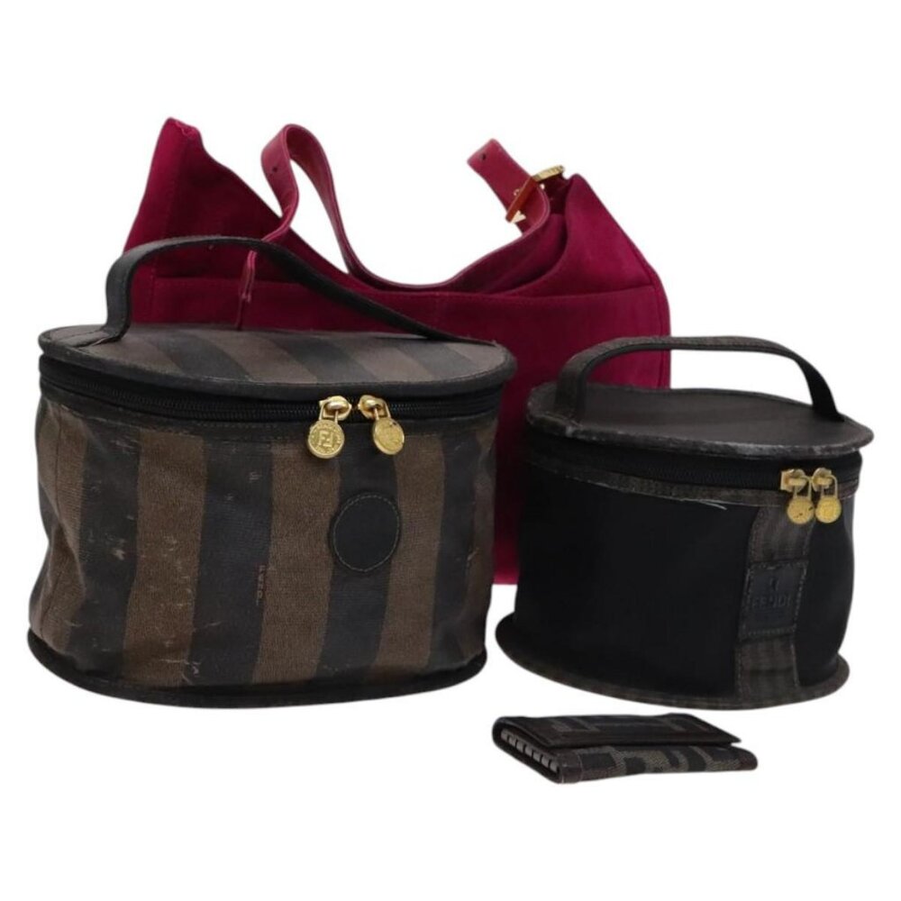 FENDI Pecan Canvas Zucca Canvas Bag Suede 4Set Pink Brown black Auth bs23233